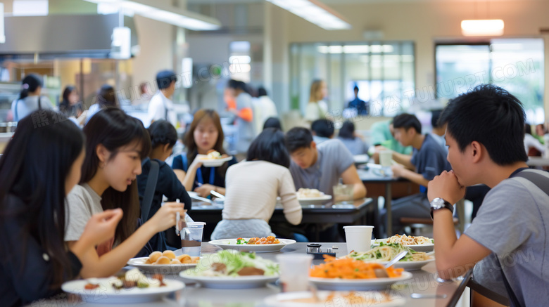 一群学生食堂吃饭场景图片