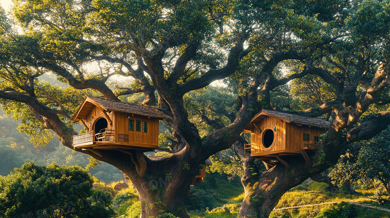 建筑风景古树木屋树屋图片