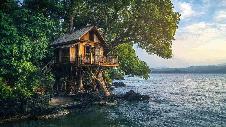 建筑风景古树木屋树屋图片