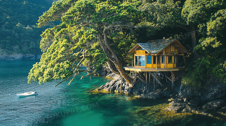 建筑风景古树木屋树屋图片