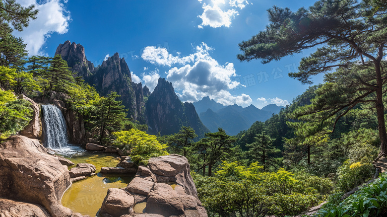 高山流水大自然风景瀑布图片