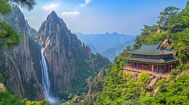 山峰大自然风景瀑布图片