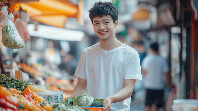 男孩买菜早市菜场摊位摆摊图片