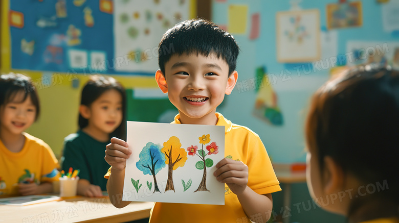 幼儿园内小朋友展示自己作品与小朋友们互动图片