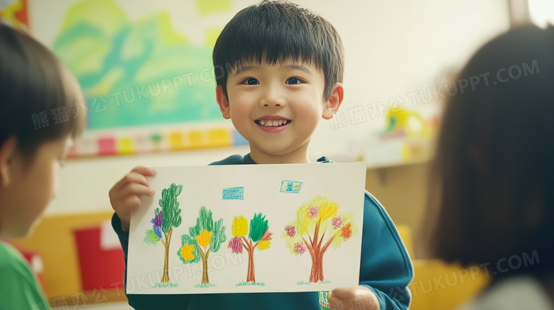 幼儿园内小朋友展示自己作品与小朋友们互动图片