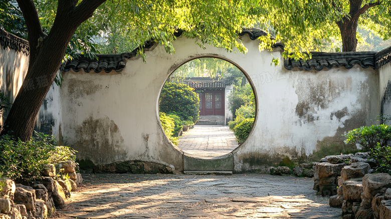 中式园林建筑围墙门洞图片