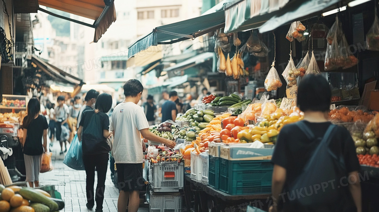 逛早市在菜摊买菜卖水果赶集图片