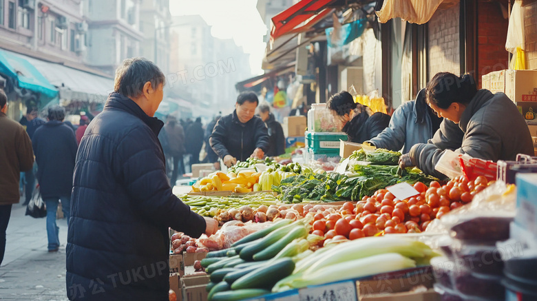 逛早市在菜摊买菜卖水果赶集图片