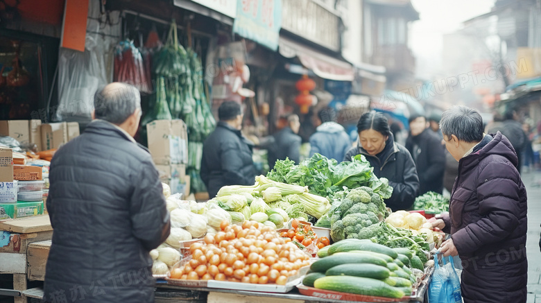 逛早市在菜摊买菜卖水果赶集图片