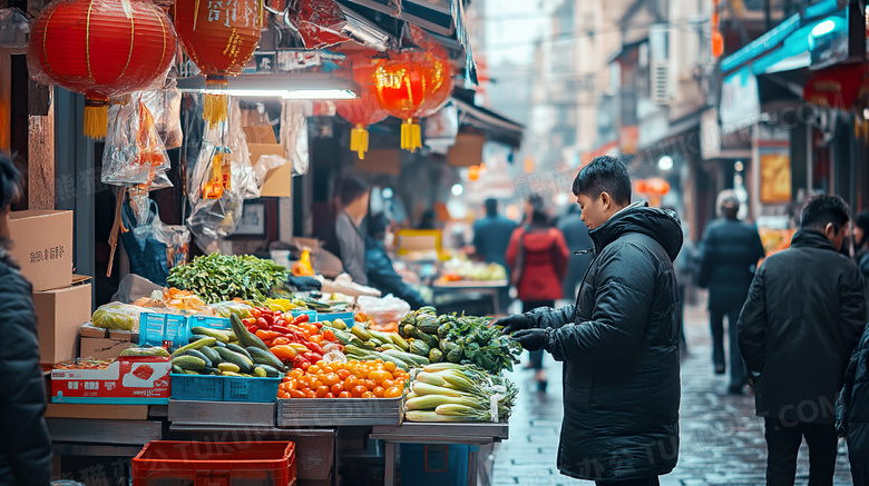 逛早市在菜摊买菜卖水果赶集图片