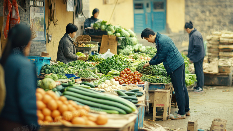 逛早市在菜摊买菜卖水果赶集图片