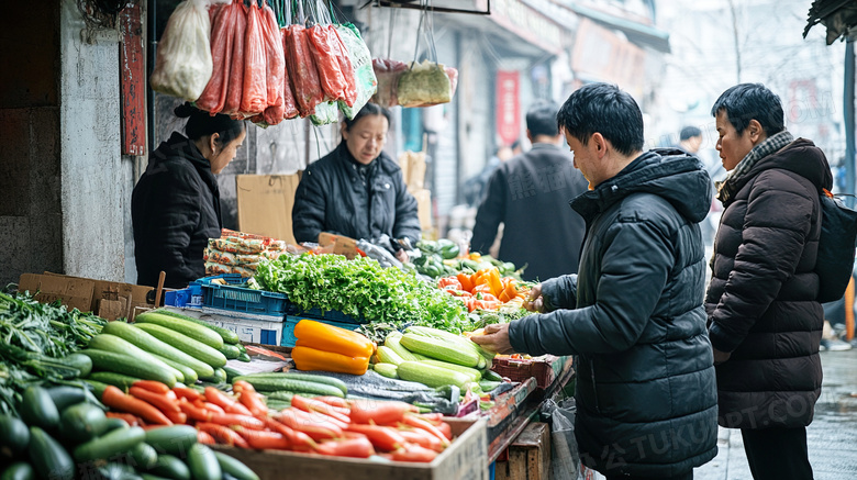 逛早市在菜摊买菜卖水果赶集图片