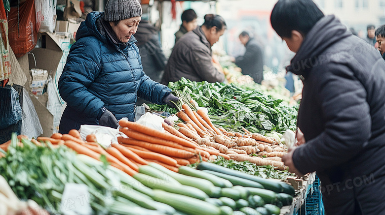 逛早市在菜摊买菜卖水果赶集图片