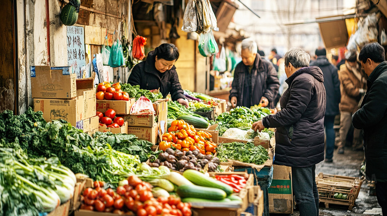 逛早市在菜摊买菜卖水果赶集图片