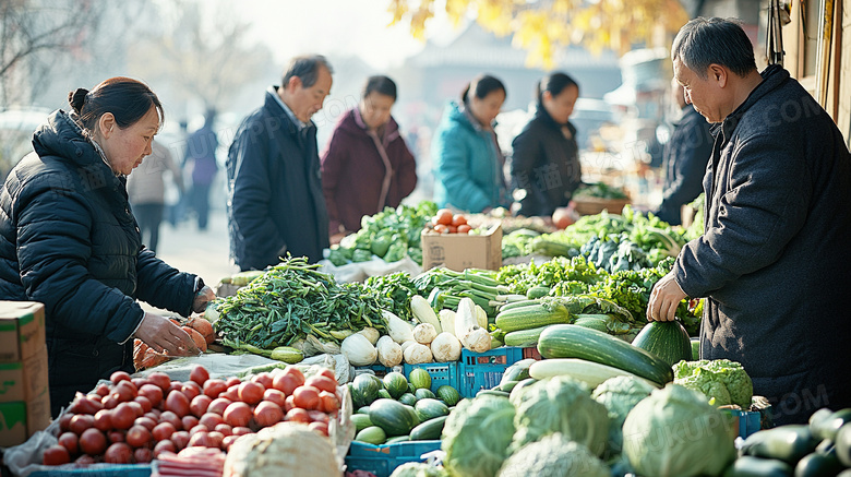 逛早市在菜摊买菜卖水果赶集图片