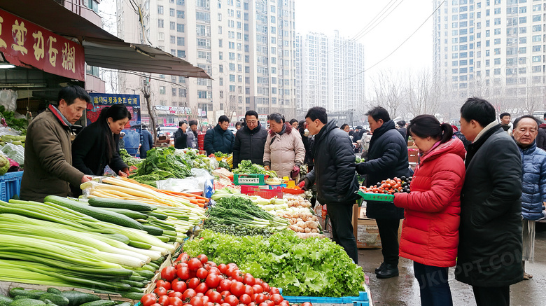 逛早市在菜摊买菜卖水果赶集图片