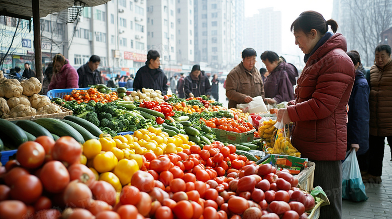 逛早市在菜摊买菜卖水果赶集图片