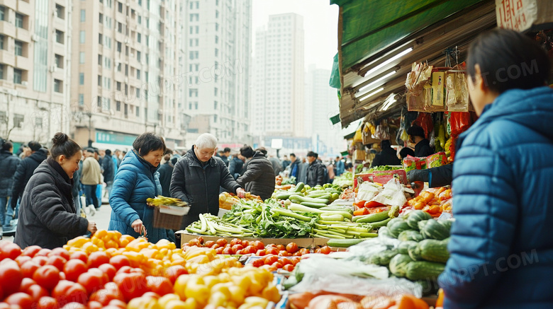 逛早市在菜摊买菜卖水果赶集图片