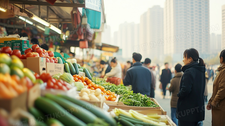 逛早市在菜摊买菜卖水果赶集图片