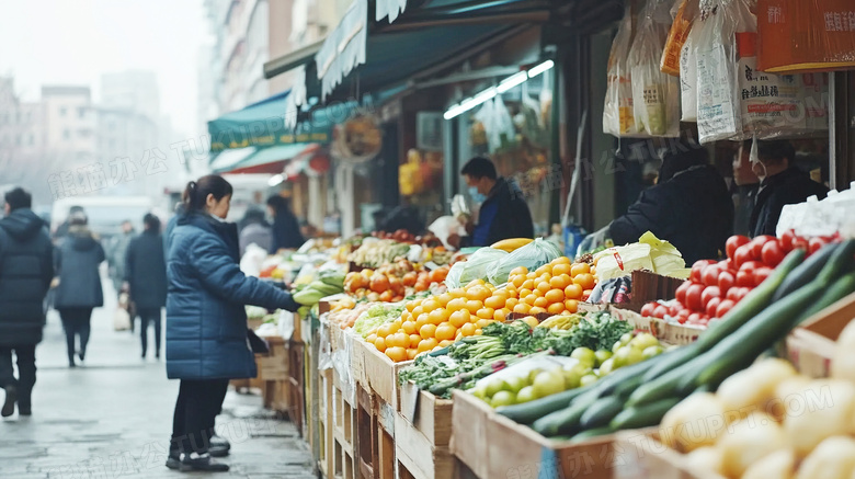 逛早市在菜摊买菜卖水果赶集图片