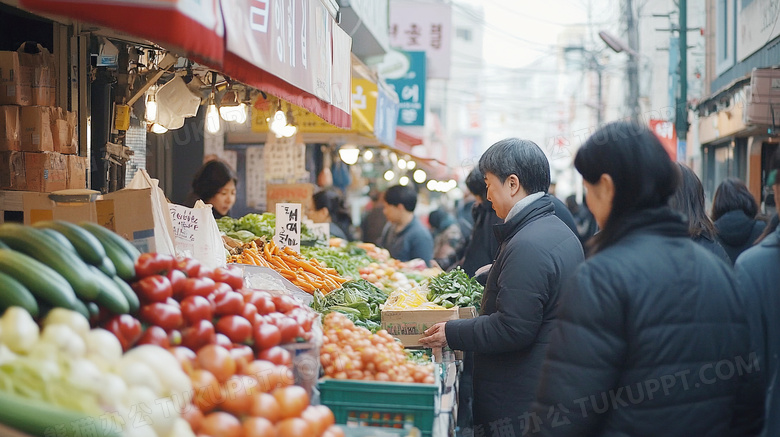 逛早市在菜摊买菜卖水果赶集图片