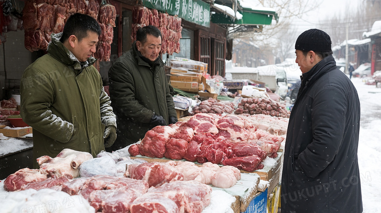 冬季东北早市卖肉的小摊图片