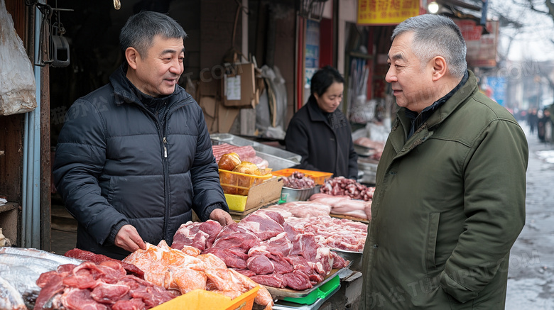冬季东北早市卖肉的小摊图片