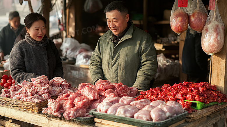 冬季东北早市卖肉的小摊图片