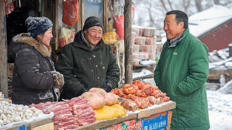 冬季东北早市卖肉的小摊图片