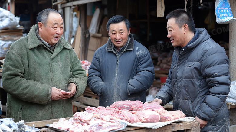 冬季东北早市卖肉的小摊图片