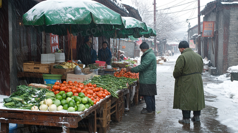冬季东北早市卖蔬菜的小摊图片