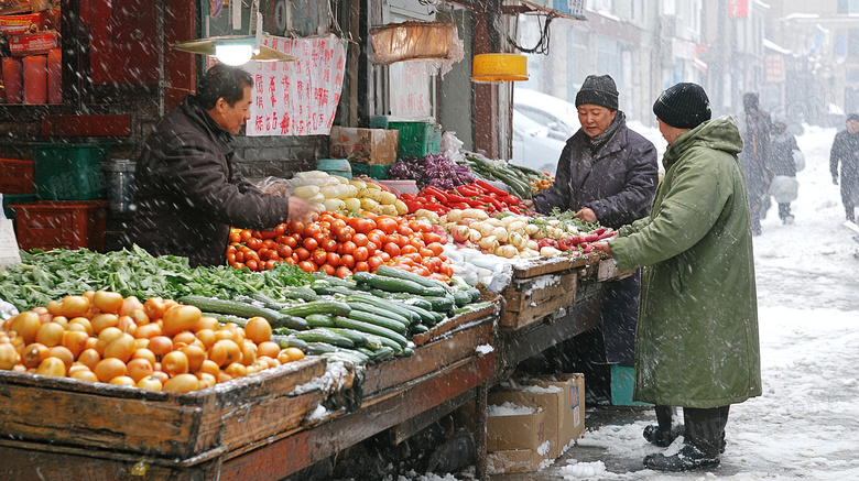 冬季冬天东北早市卖蔬菜的小摊图片