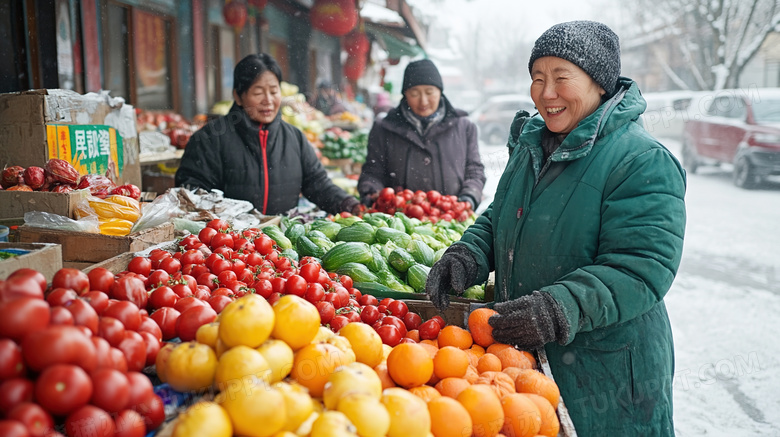 冬季冬天东北早市卖蔬菜的小摊图片