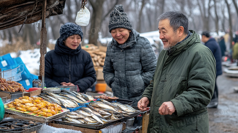 冬天冬季东北早市卖鱼小摊图片