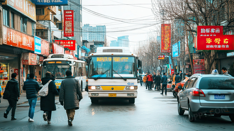 马路上的公交车和出租车图片