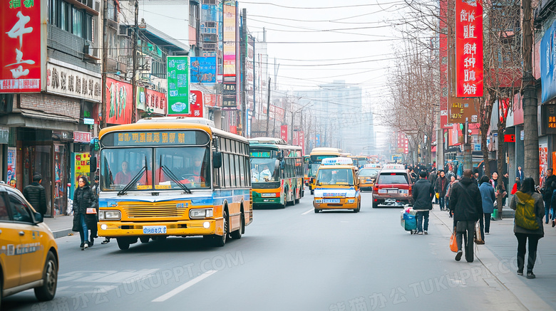 马路上的公交车和出租车图片