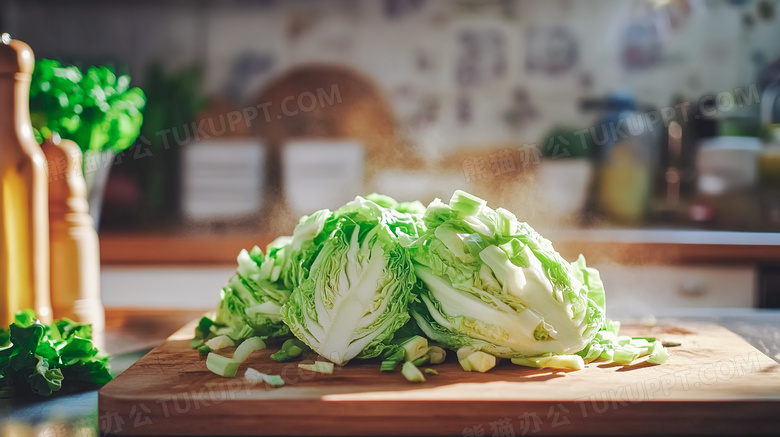 木纹砧板上的新鲜素菜卷心菜包菜图片