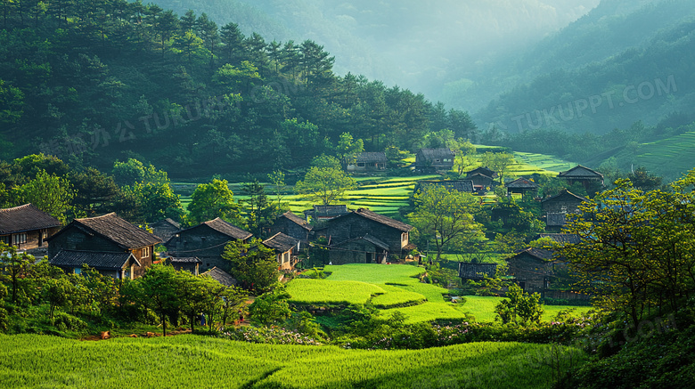 绿色生机勃勃的村庄风景图片