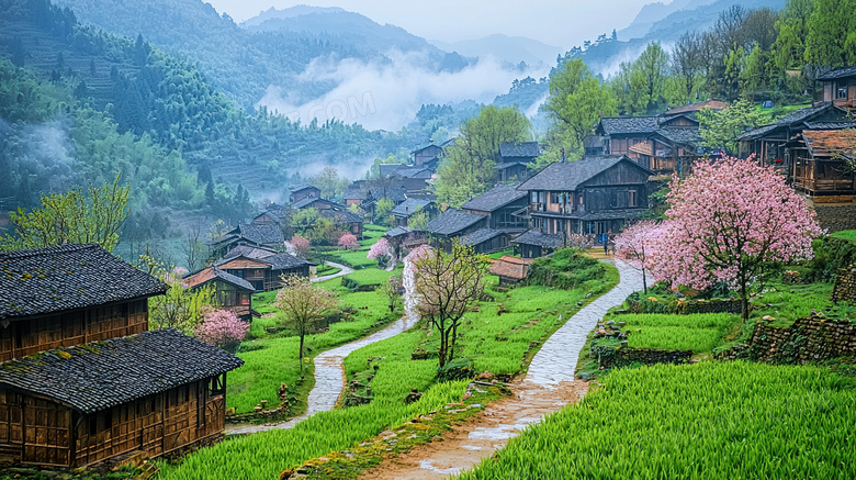 绿色生机勃勃的村庄风景图片