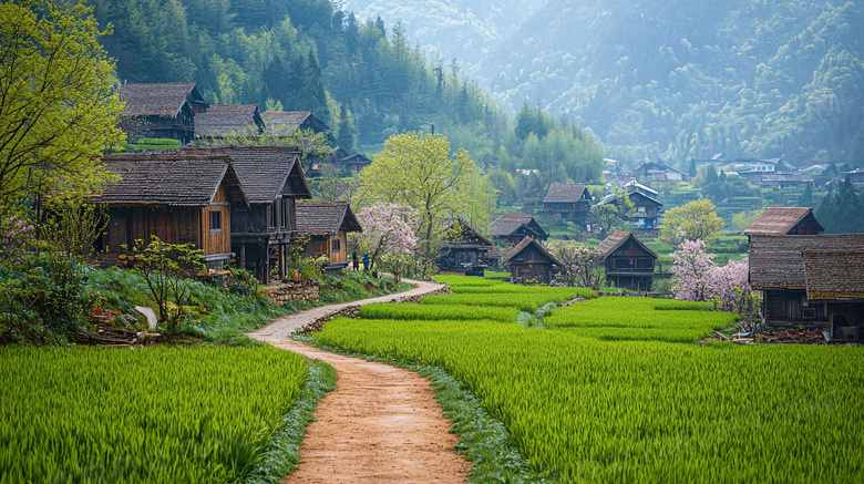 绿色生机勃勃的村庄风景图片