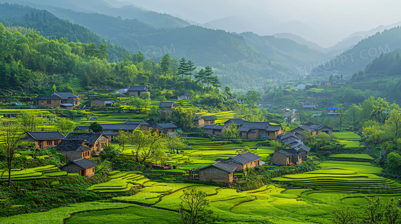 绿色生机勃勃的村庄风景图片