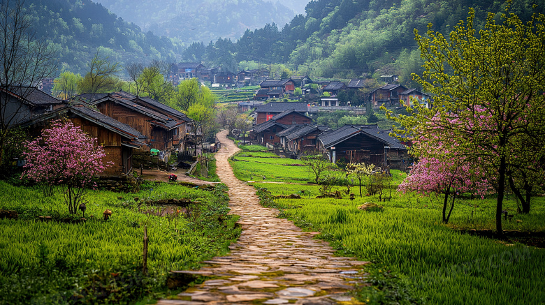 绿色生机勃勃的村庄风景图片