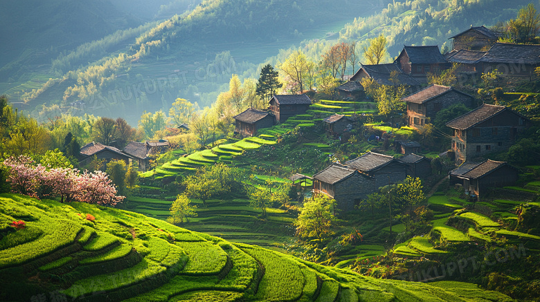 绿色生机勃勃的村庄风景图片