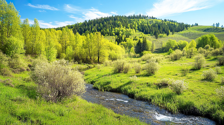 春天山谷间绿色的树林图片