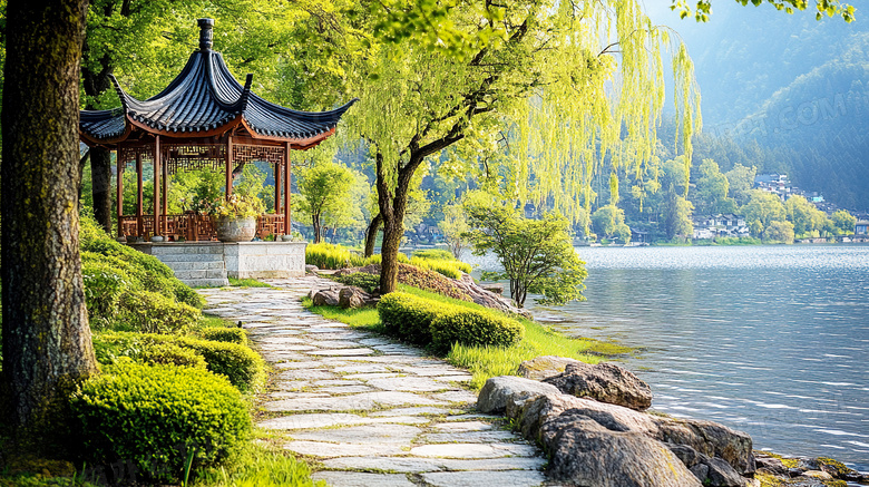 春天湖边亭子垂柳石板路图片