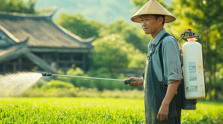 一个农夫正在给作物喷洒农药图片