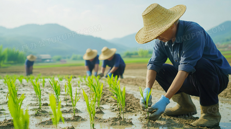 农夫们正在田里种植栽培庄稼图片