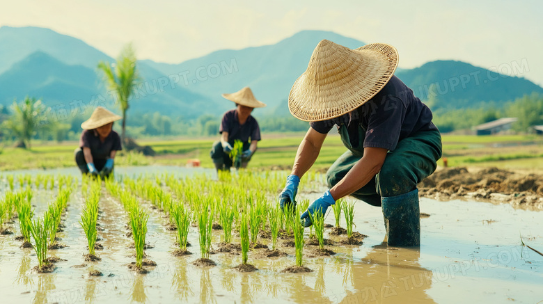 农夫们正在田里种植栽培庄稼图片