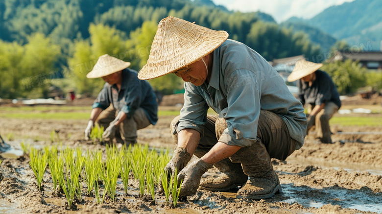 农夫们正在田里种植栽培庄稼图片