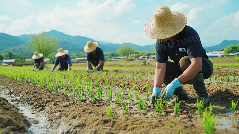 农夫们正在田里种植栽培庄稼图片